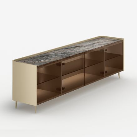 Zakřivená lakovaná dřevěná příborník s bronzovými skleněnými dvířky vyrobená v Itálii - Lyra Viadurini