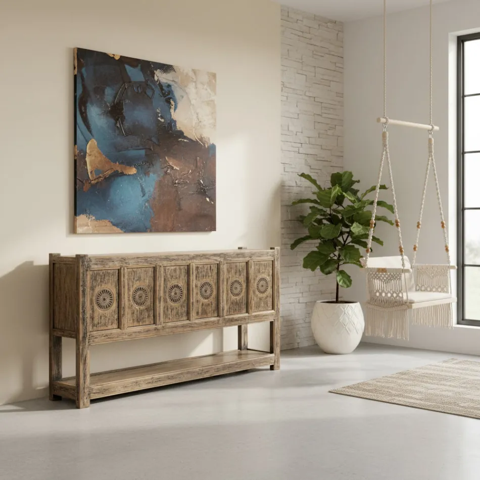 Příborník z borovicového dřeva s antickou povrchovou úpravou a 6 dvířky - Airasca Viadurini