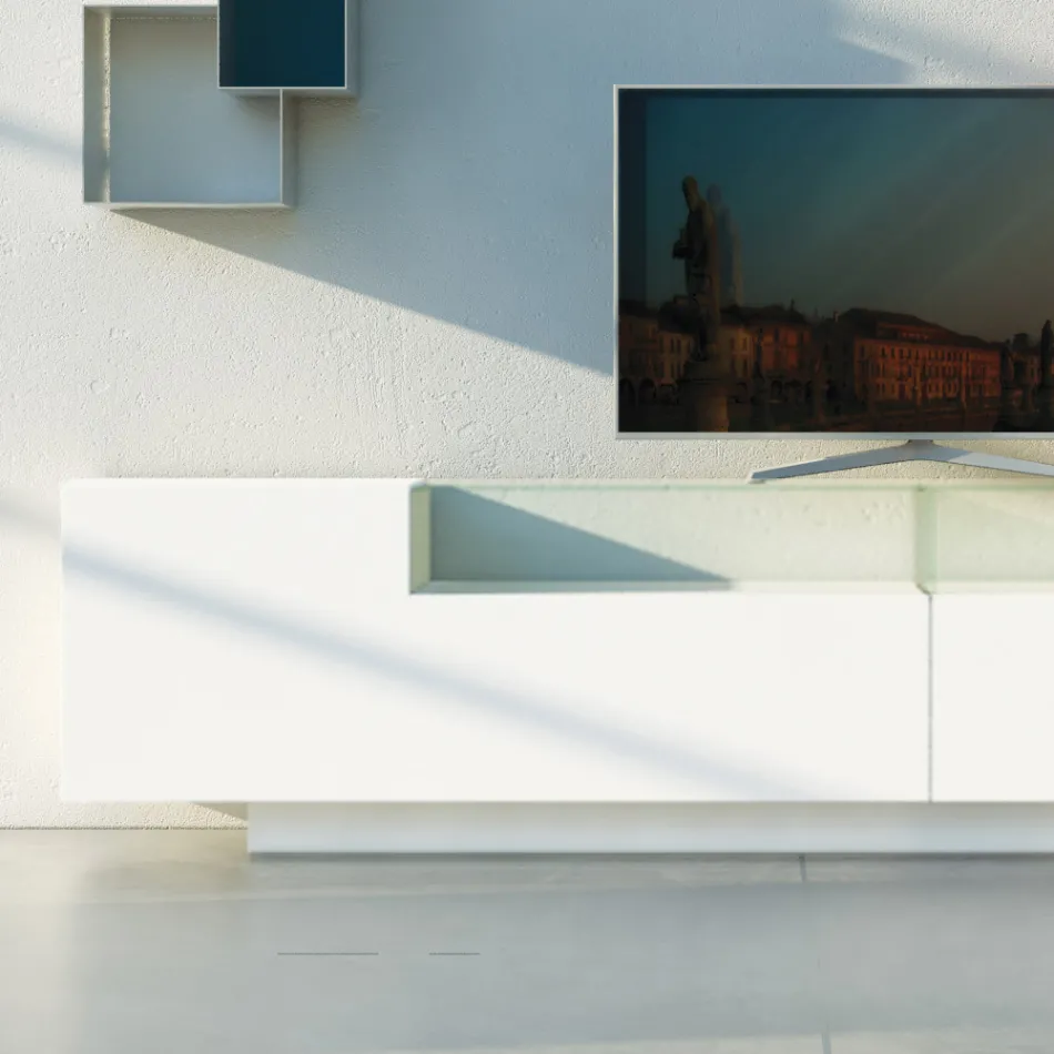 Příborník v bílé Mdf se skleněným pouzdrem a podstavcem Made in Italy - Kisha Viadurini