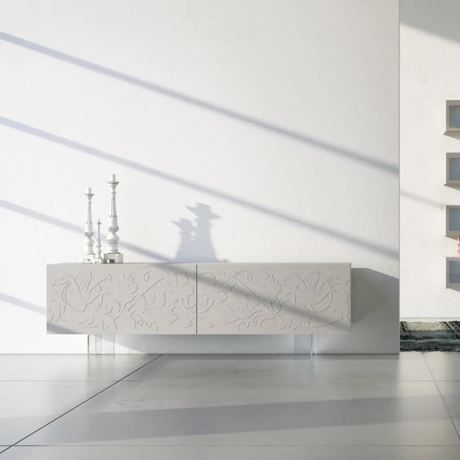 Příborník ve světle šedé Mdf se skleněnými nohami Made in Italy - Germena Viadurini