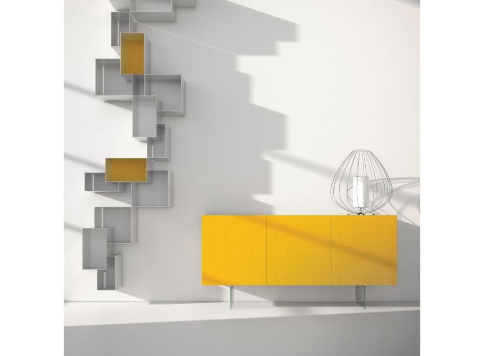Žlutý lakovaný Mdf příborník se 3 dveřmi a skleněnými nohami Made in Italy - Ciara Viadurini