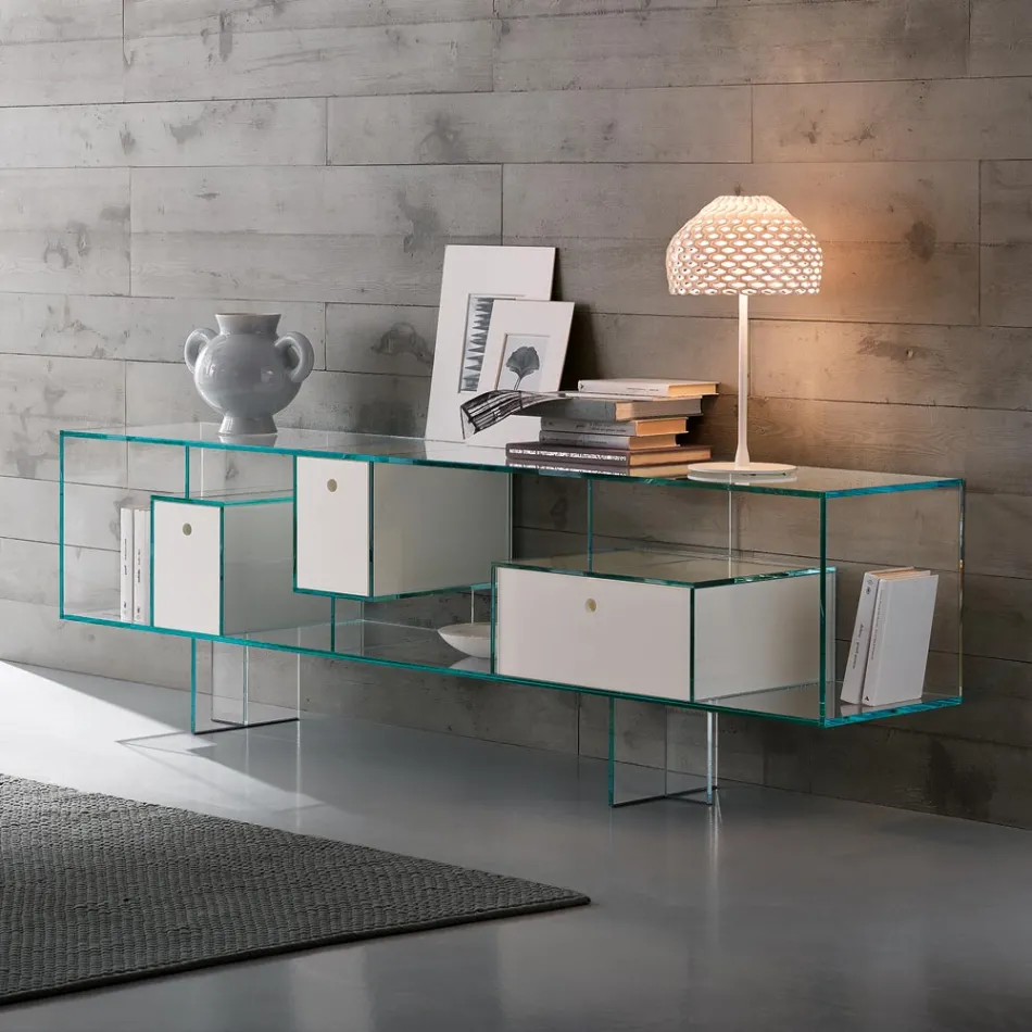 Skleněná příborník se třemi zásuvkami, elegantní design, vyrobeno v Itálii - Senera Viadurini