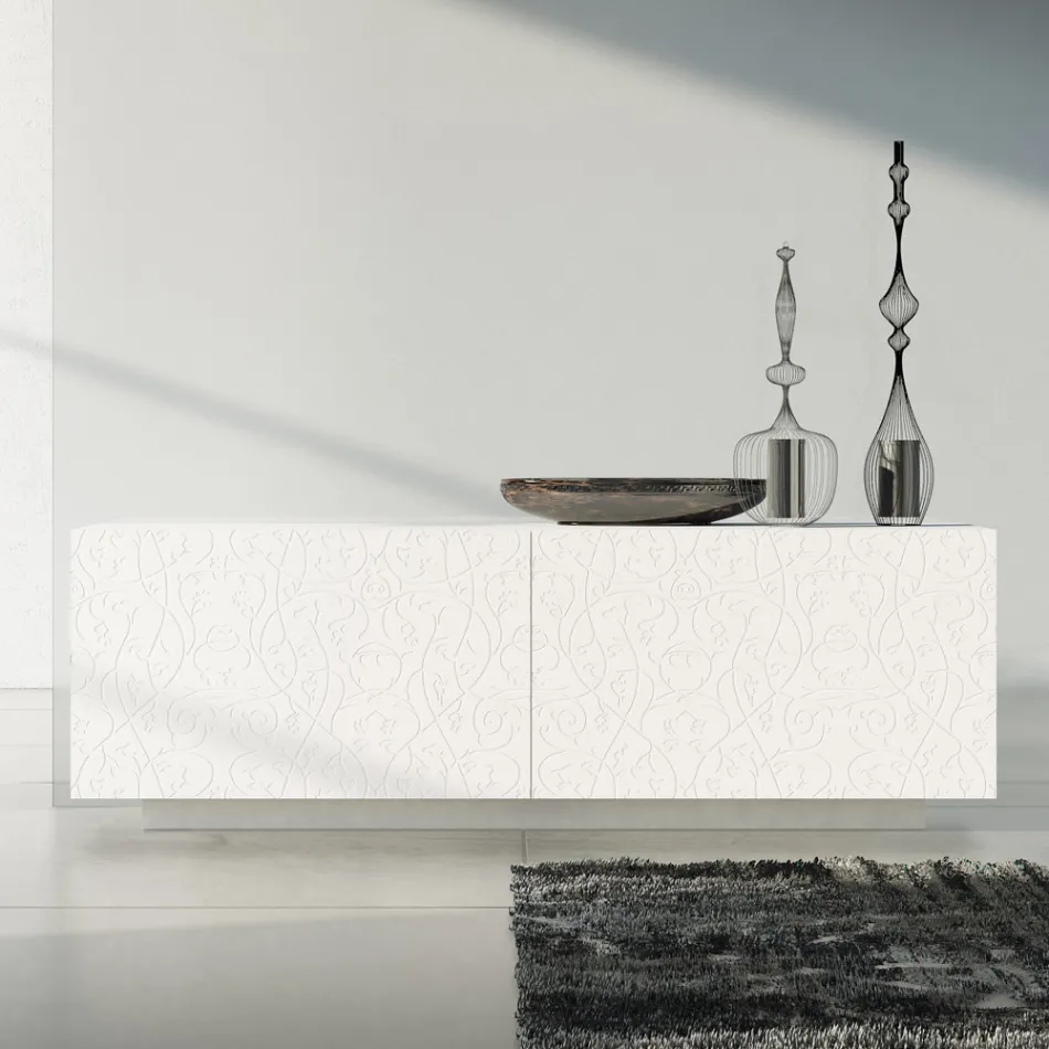 Příborník do obývacího pokoje v bílé lakované Mdf s basreliéfem Made in Italy - Acqua Viadurini