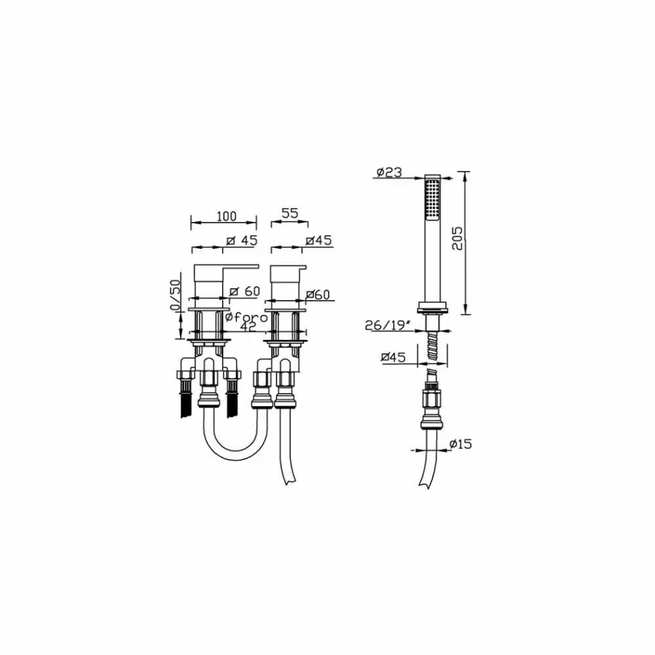 Moderní 3-otvorová mosazná vanová baterie vyrobená v Itálii - Bibo Viadurini