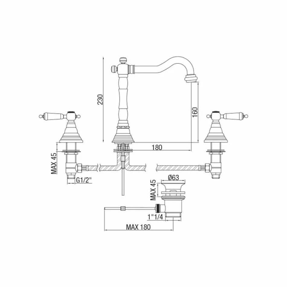 Klasická 3-otvorová mosazná umyvadlová baterie vyrobená v Itálii - Shelly Viadurini