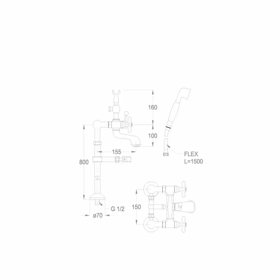 Klasický mixér na podlahovou vanu z mosazi vyrobený v Itálii - Panico Viadurini