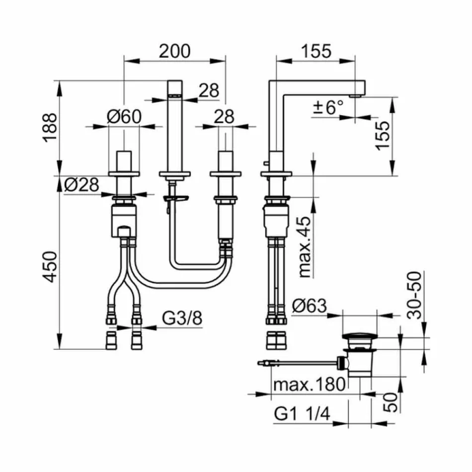Moderní tříotvorová chromová koupelnová umyvadlová baterie - Girino Viadurini