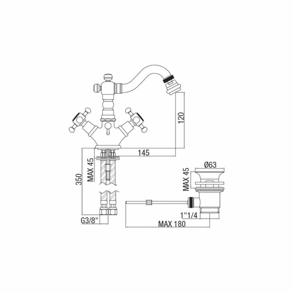 Klasický jednootvorový směšovač pro mosazný bidet vyrobený v Itálii - Lisca Viadurini