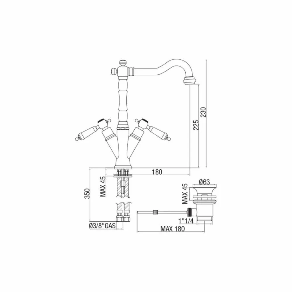 Jednootvorová baterie pro klasické umyvadlo z mosazi vyrobené v Itálii - Shelly Viadurini