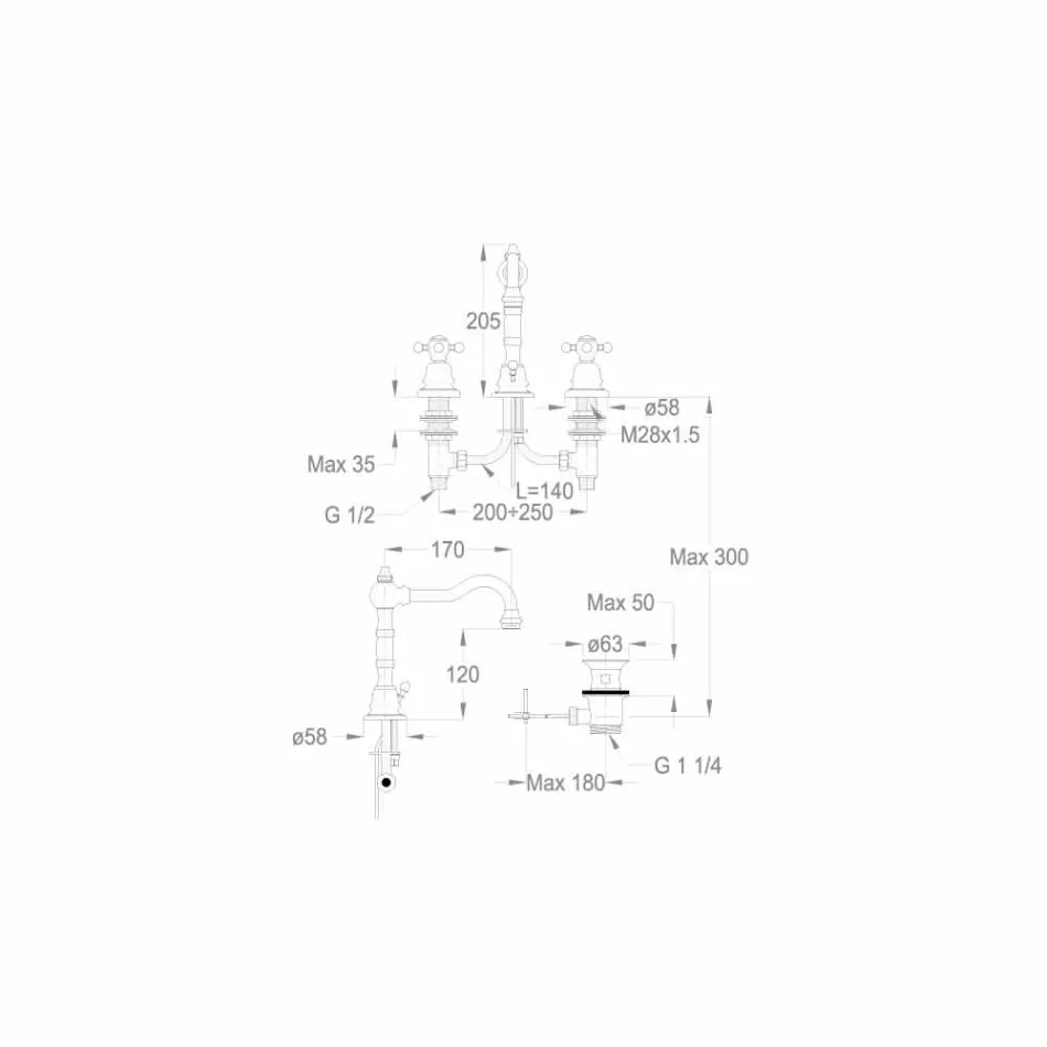 Moderní mosazná trojdírová umyvadlová baterie vyrobená v Itálii - Binsu Viadurini