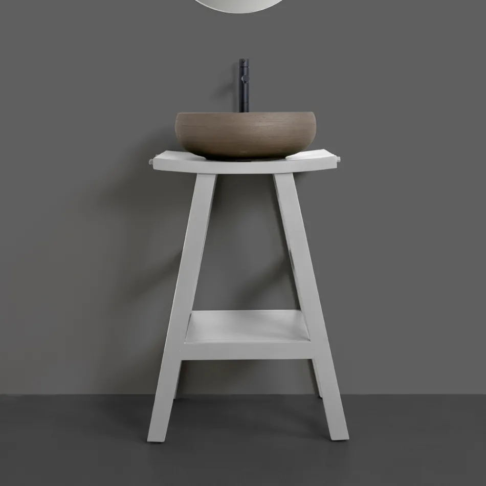 Koupelnový nábytek s dřevěným povrchem a šedou poloprohnutou deskou - Raomi Viadurini