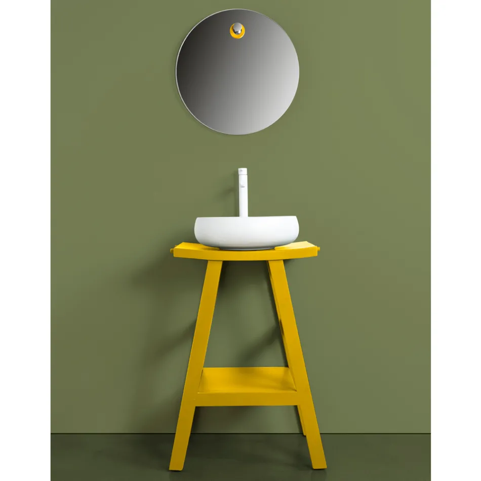 Rekultivovaný teakový koupelnový nábytek se žlutou polozakřivenou deskou - Raomi Viadurini