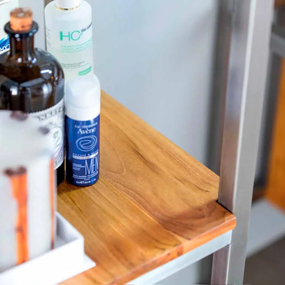 Sloupková koupelnová skříňka z teaku a oceli se 4 otevřenými policemi - Tamburino Viadurini