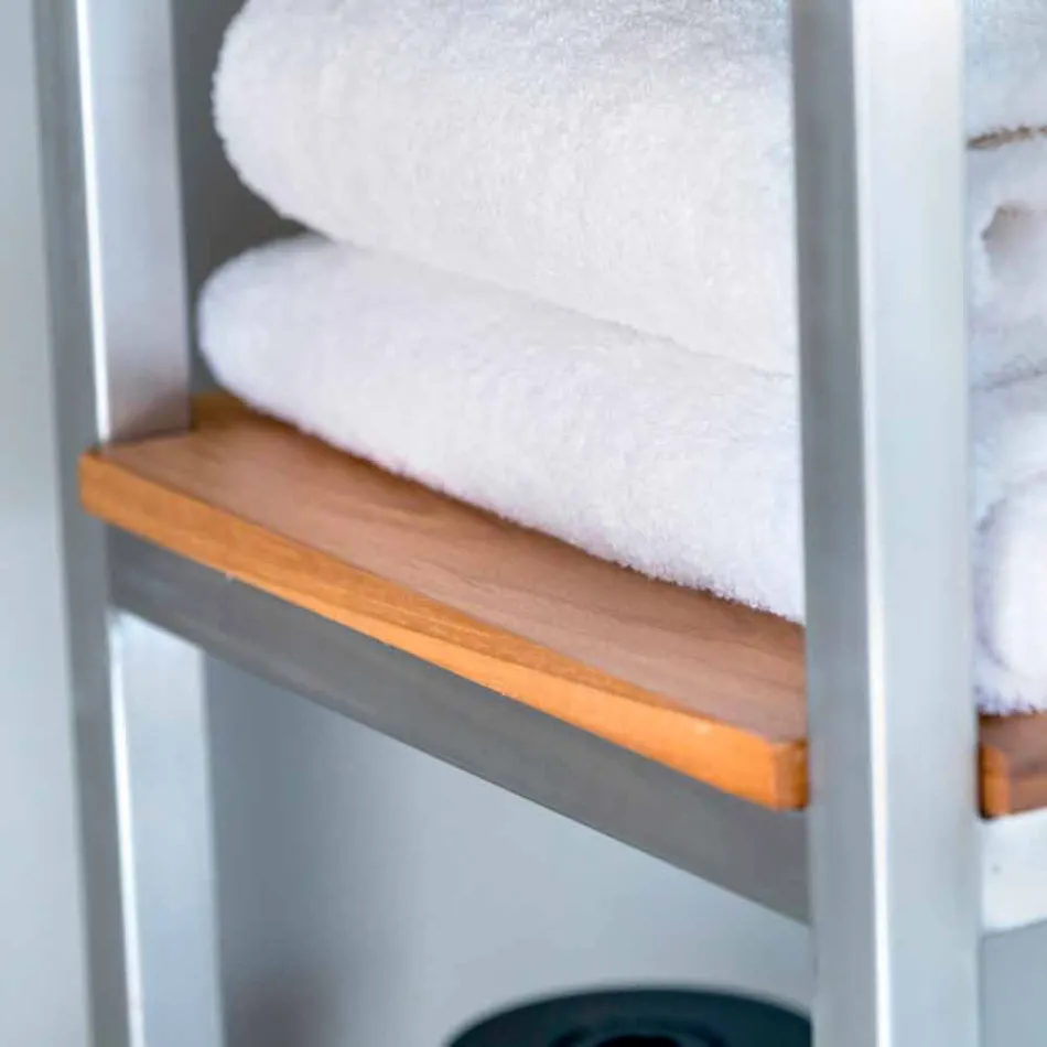 Sloupková koupelnová skříňka z teaku a oceli se 4 otevřenými policemi - Tamburino Viadurini