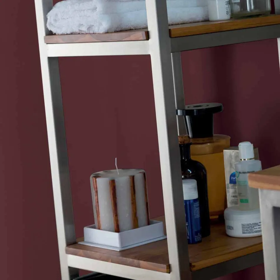 Sloupková koupelnová skříňka z teaku a oceli se 4 otevřenými policemi - Tamburino Viadurini