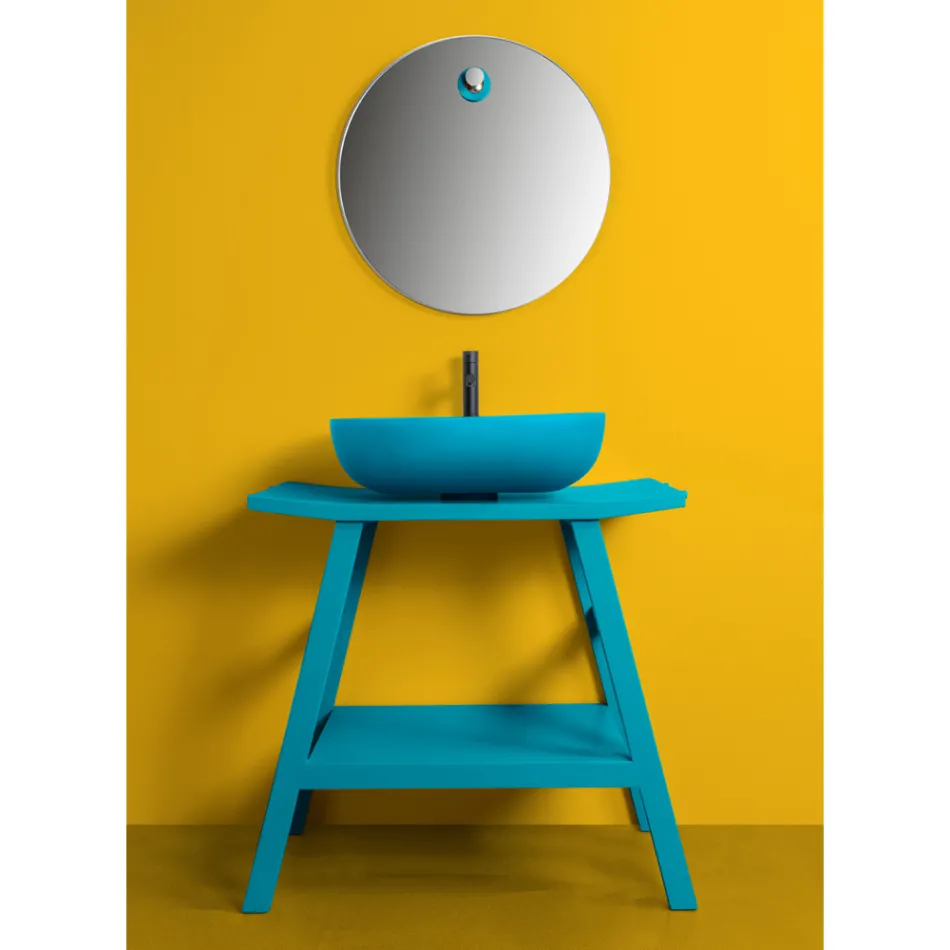 Podlahová koupelnová skříňka z modrého teakového dřeva a praktická police s poloprohnutou horní částí - Crina Viadurini