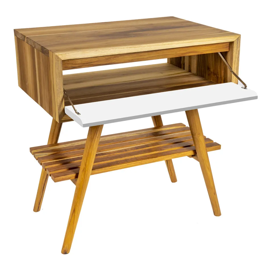 Podlahová koupelnová skříňka z recyklovaného teaku a bílé podpěry - Gatien Viadurini