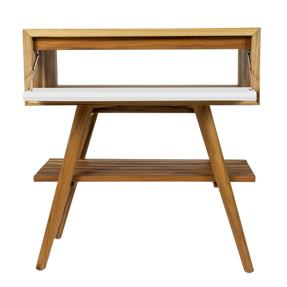 Podlahová koupelnová skříňka z recyklovaného teaku a bílé podpěry - Gatien Viadurini