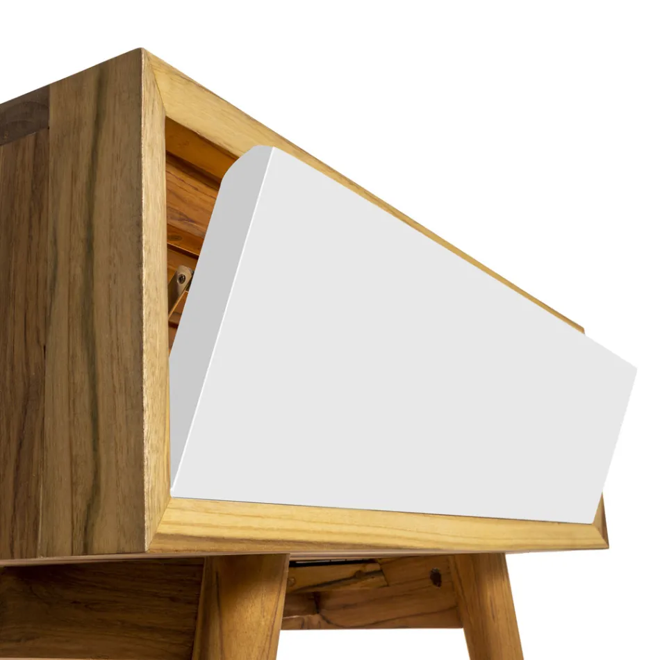 Podlahová koupelnová skříňka z recyklovaného teaku a bílé podpěry - Gatien Viadurini