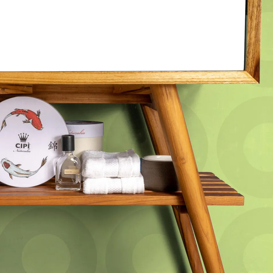 Podlahová koupelnová skříňka z recyklovaného teaku a bílé podpěry - Gatien Viadurini