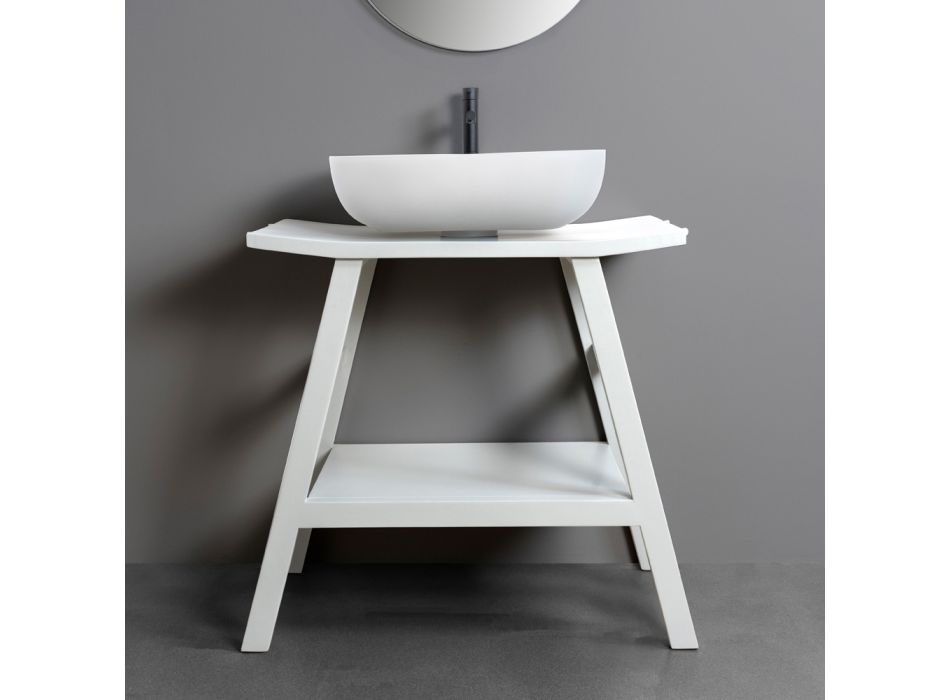 Rekultivovaná koupelnová skříňka v teakovém designu s bílou deskou a podpěrou - Crina Viadurini