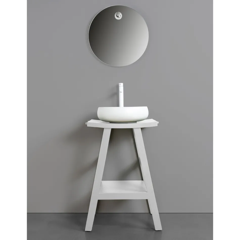 Designová koupelnová skříňka z přírodního teaku s matnou bílou deskou a podpěrou - Raomi Viadurini