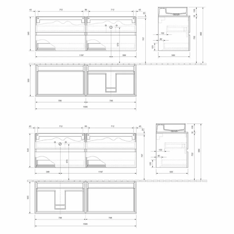 Koupelnová skříňka v moderním designu s pravým nebo levým umyvadlem na desku 4 povrchové úpravy - Alchimeo Viadurini