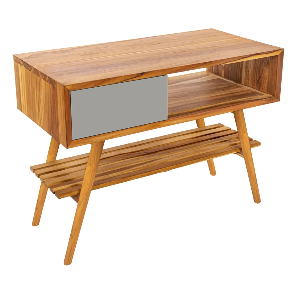 Koupelnová skříňka z recyklovaného teakového šedého s šedou zásuvkou - Benoit Viadurini