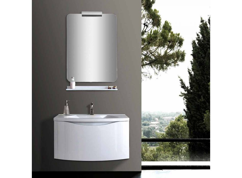 Moderní závěsná koupelnová skříňka s umyvadlovou policí a designovým zrcadlem - Michele