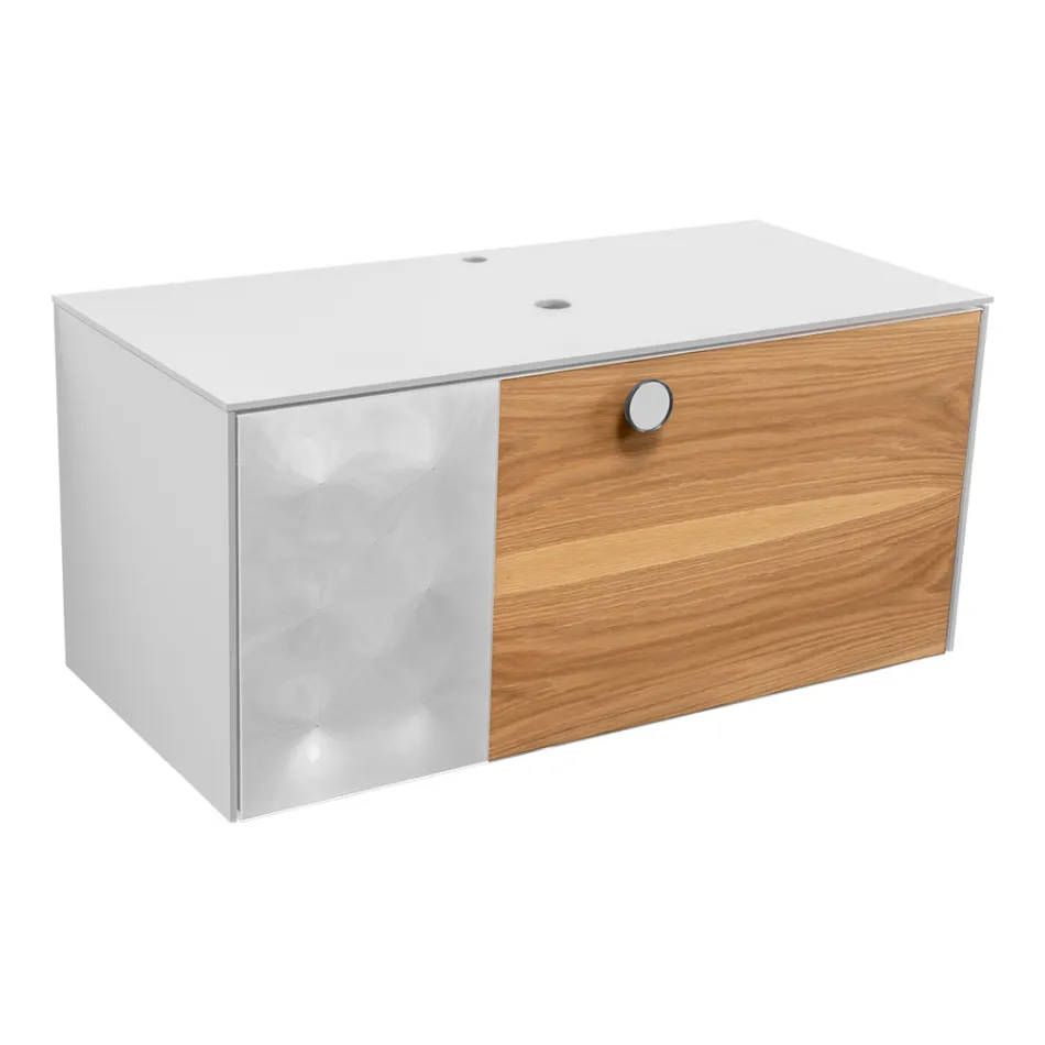 Závěsná koupelnová skříňka 100 cm z tvrzeného skla 8 mm a evropského dubu - Excelsior Viadurini