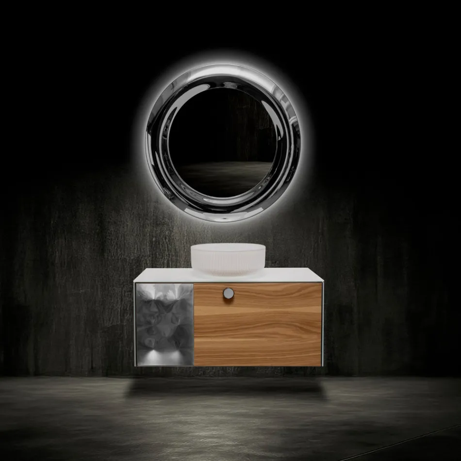 Závěsná koupelnová skříňka 100 cm z tvrzeného skla 8 mm a evropského dubu - Excelsior Viadurini