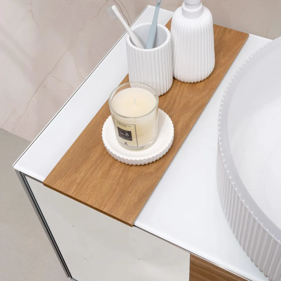 Závěsná koupelnová skříňka 100 cm z tvrzeného skla 8 mm a evropského dubu - Excelsior Viadurini