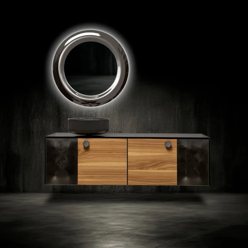 Závěsná koupelnová skříňka 160 cm z tvrzeného skla 8 mm a evropského dubu - Excelsior Viadurini