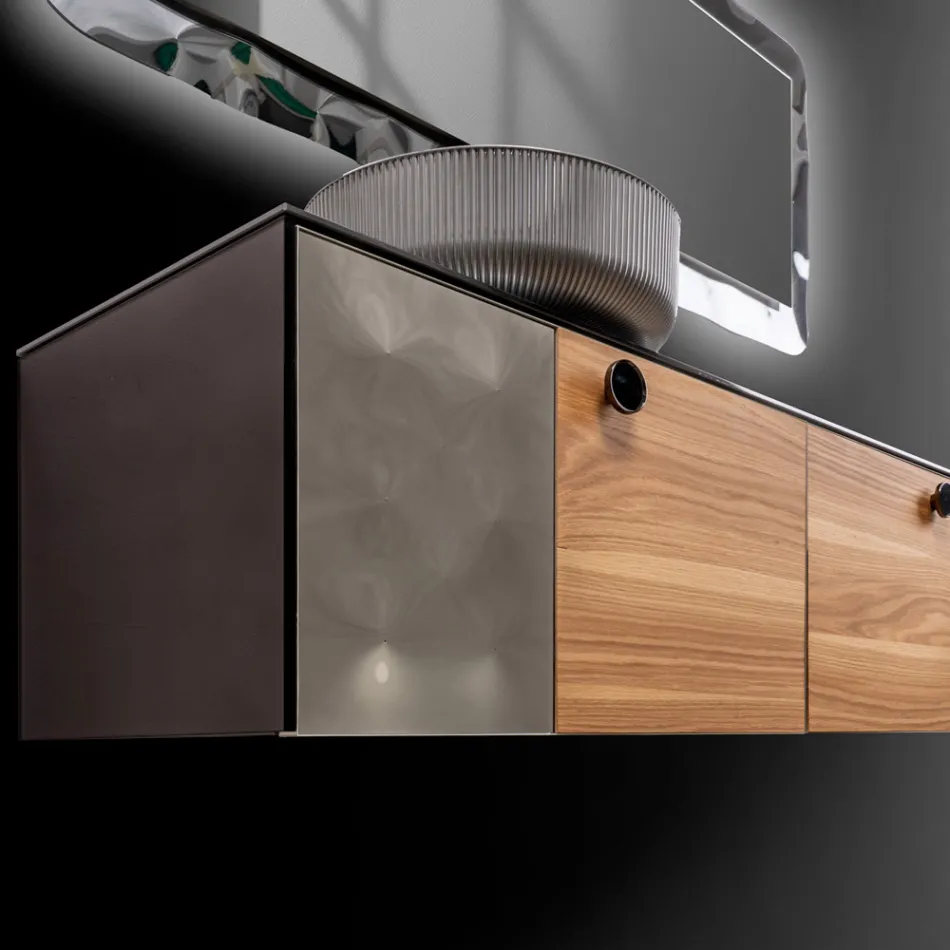 Závěsná koupelnová skříňka 160 cm z tvrzeného skla 8 mm a evropského dubu - Excelsior Viadurini