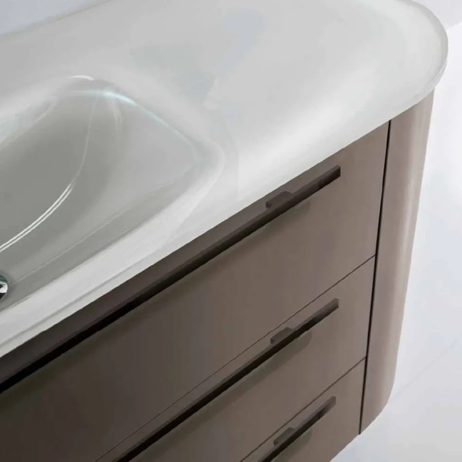 Závěsná koupelnová skříňka 3 zásuvky + 2 dřevěné dveře Šťastné, integrované umyvadlo Viadurini