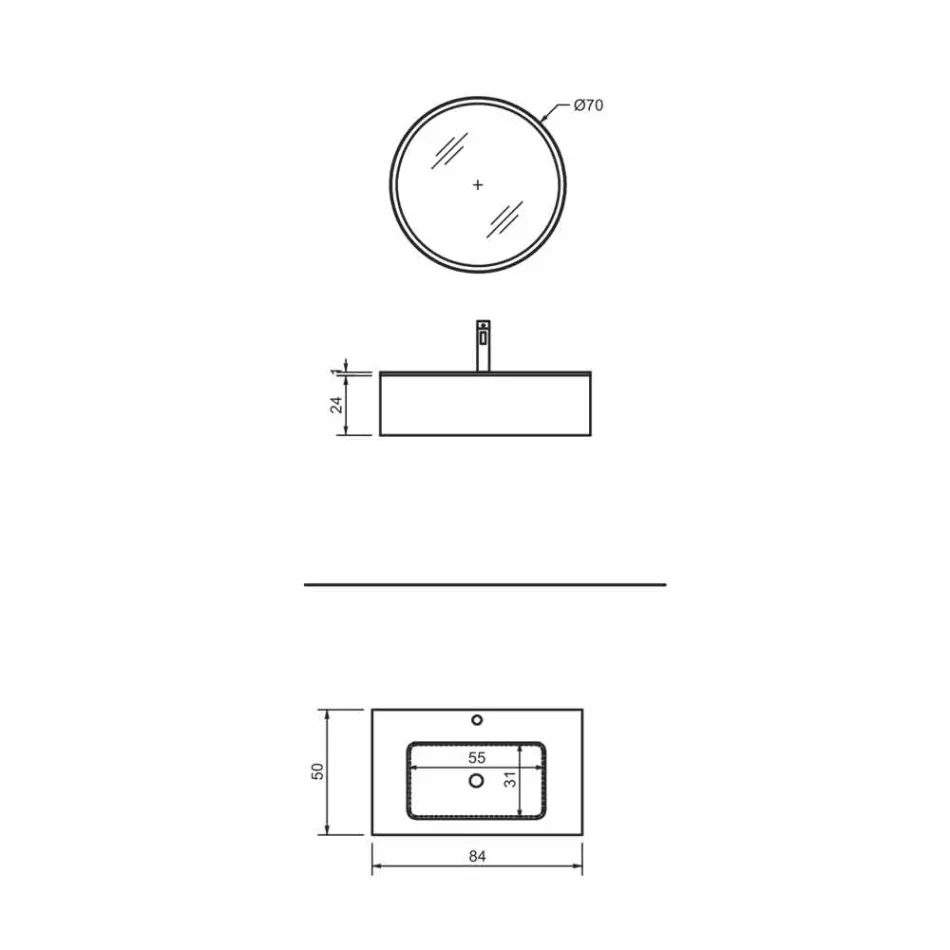 Závěsná koupelnová skříňka se zásuvkou a integrovaným umyvadlem a kulatým zrcadlem - Renga Viadurini