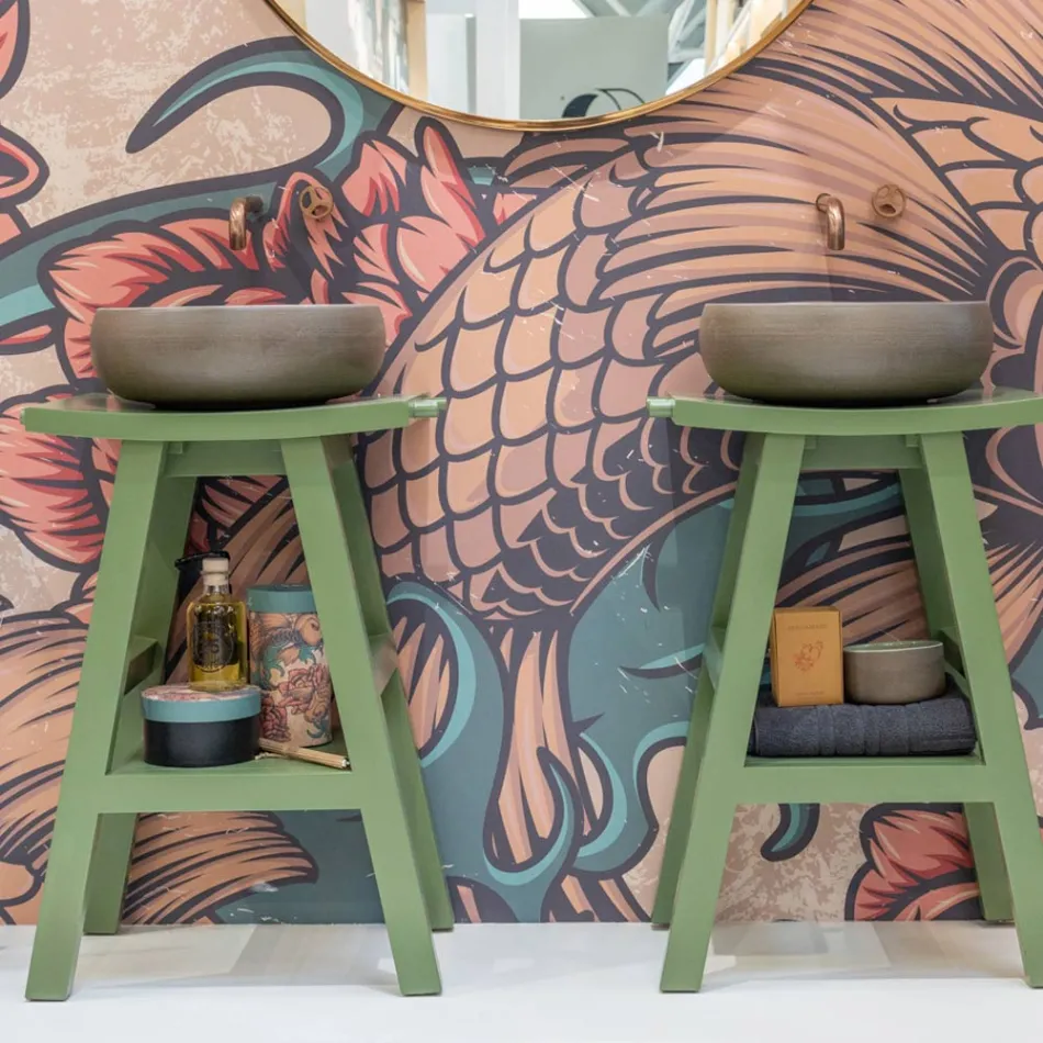 Volně stojící koupelnová skříňka s teakovým povrchem a velkou zelenou policí - Raomi Viadurini