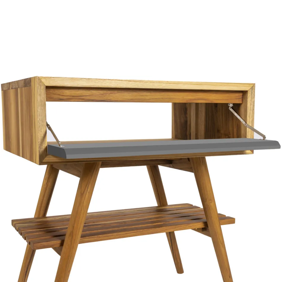 Volně stojící koupelnová skříňka z přírodního teaku s podporou šedé barvy - Gatien Viadurini