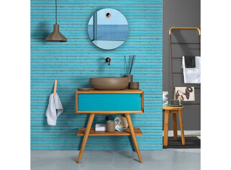 Podlahová modrá koupelnová skříňka z přírodního teaku s barevnou zásuvkou - Gatien Viadurini