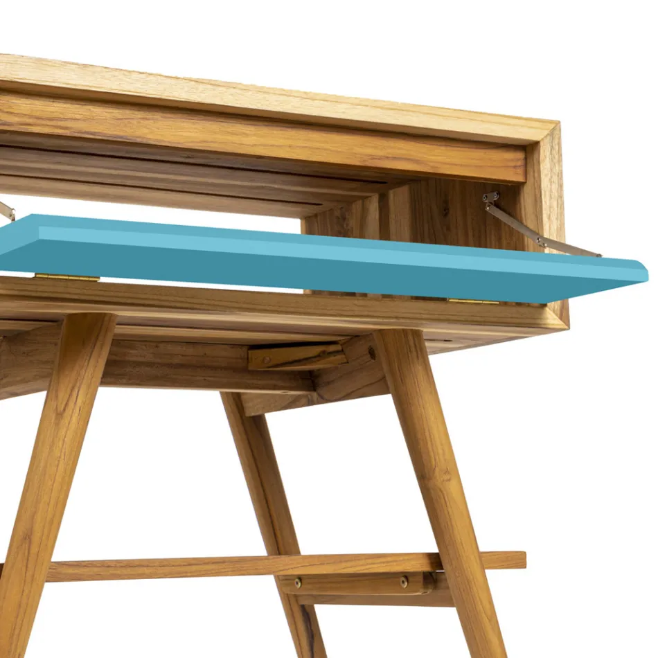 Podlahová modrá koupelnová skříňka z přírodního teaku s barevnou zásuvkou - Gatien Viadurini