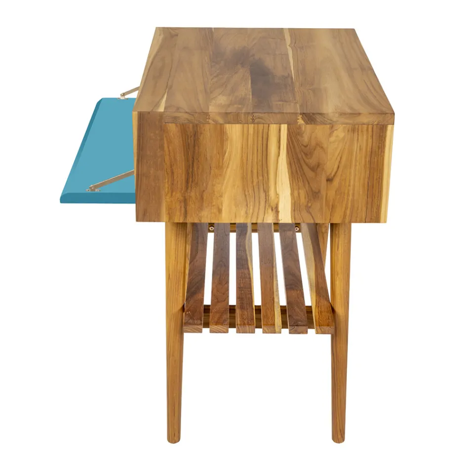 Podlahová modrá koupelnová skříňka z přírodního teaku s barevnou zásuvkou - Gatien Viadurini