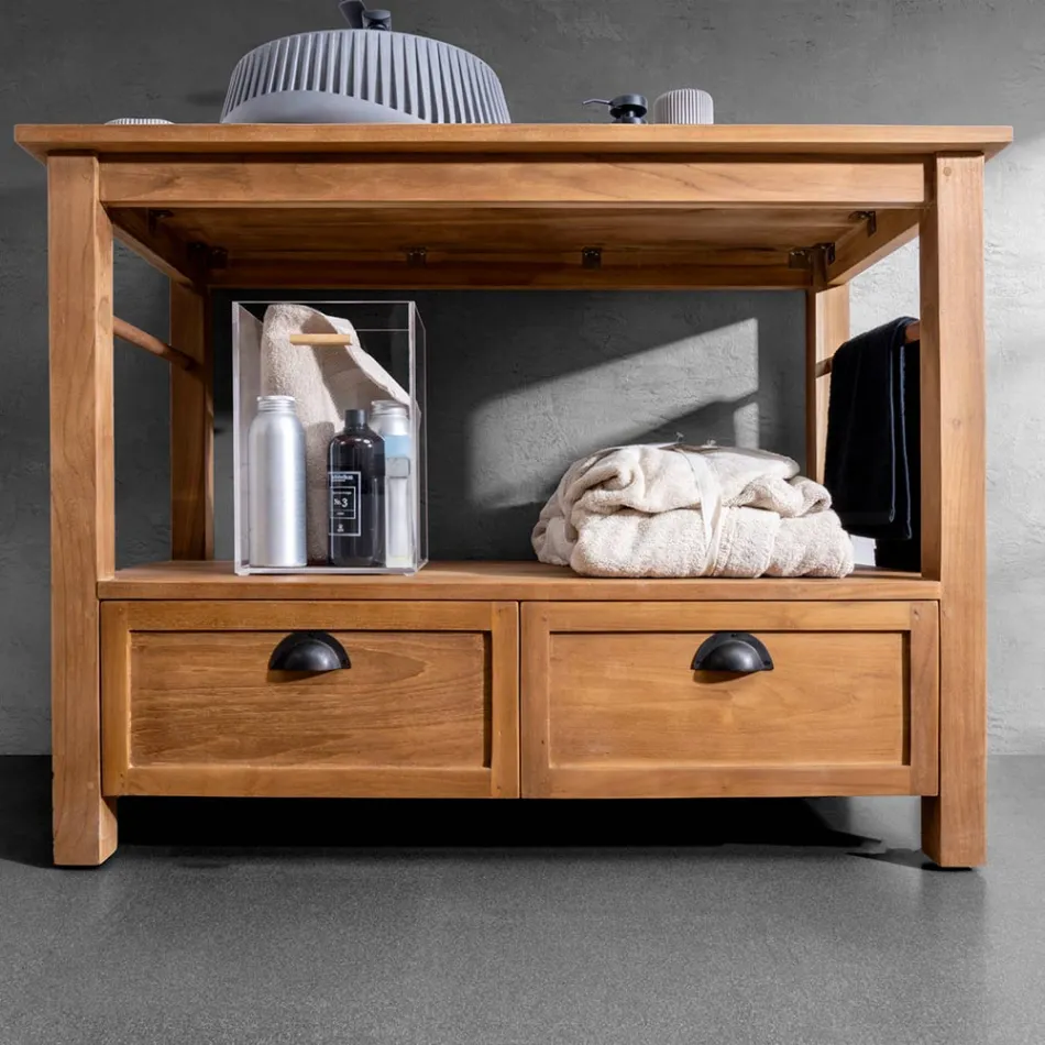 Samostatně stojící koupelnová skříňka z teaku se dvěma zásuvkami - keře Viadurini