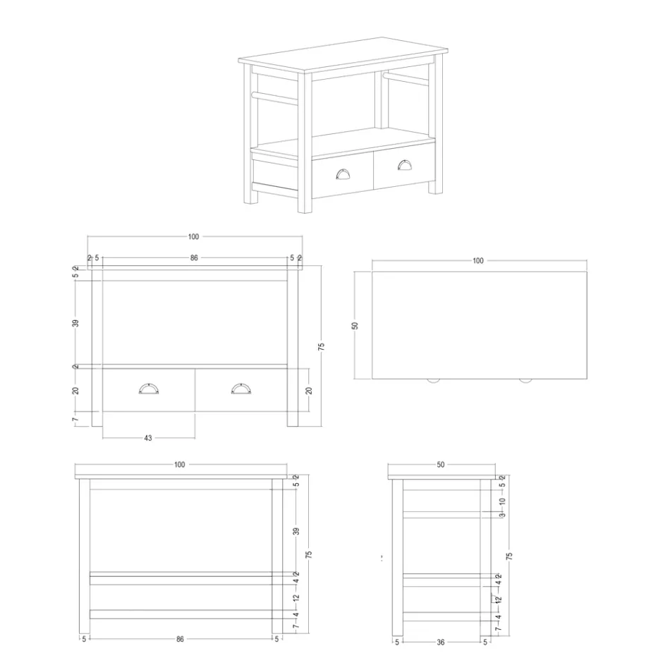 Samostatně stojící koupelnová skříňka z teaku se dvěma zásuvkami - keře Viadurini