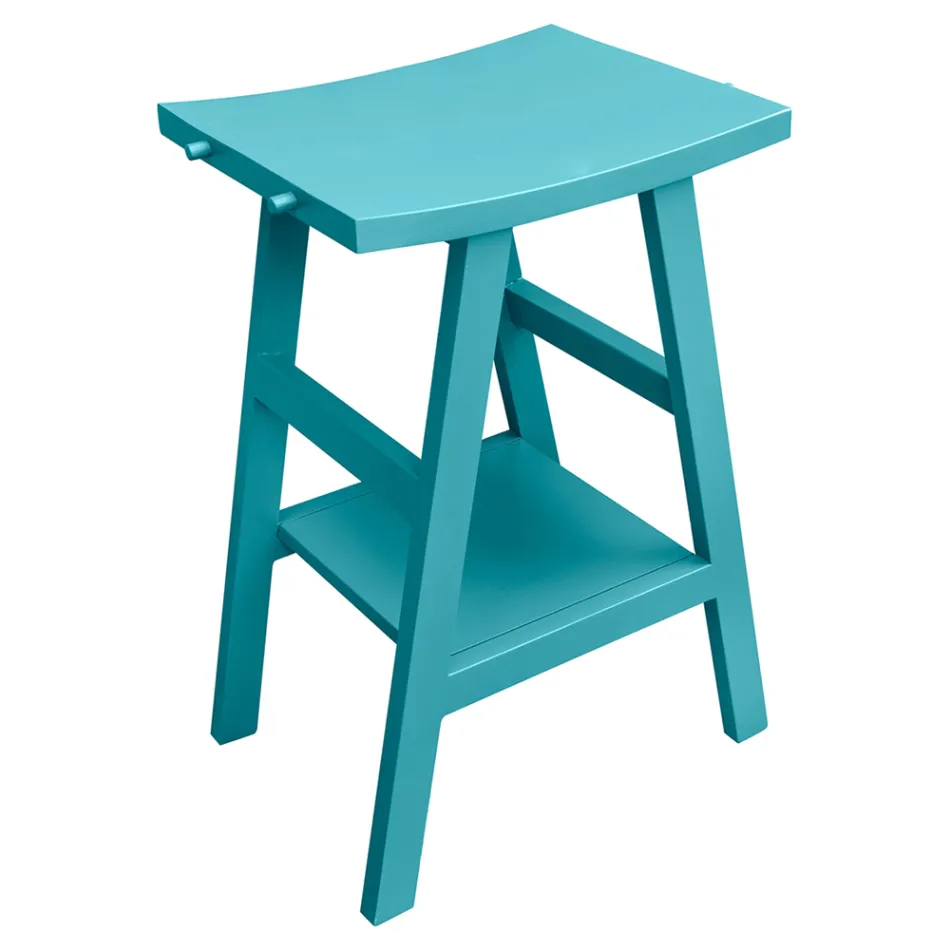 Teaková koupelnová skříňka s poloprohnutou deskou a praktickou modrou policí - Raomi Viadurini