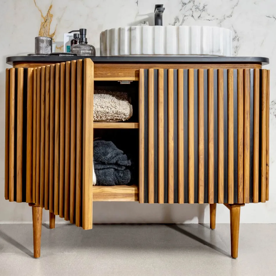 Ručně vyráběná koupelnová skříňka z masivního teaku a mahagonu - Heliconia Viadurini
