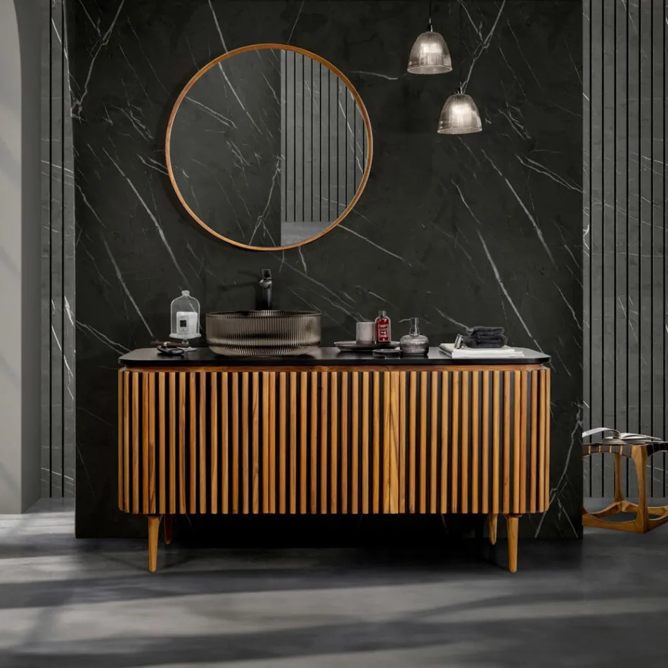 Ručně vyráběná koupelnová skříňka z masivního teaku a mahagonu - Heliconia Viadurini