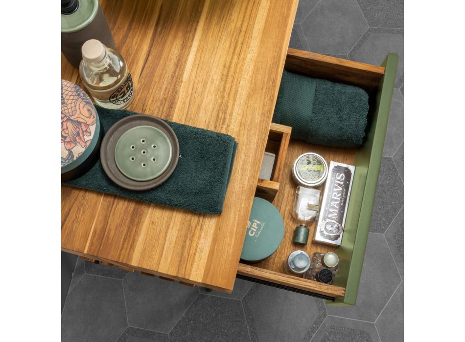 Koupelnová skříňka z přírodního teaku se zelenou komodou - Hamadou Viadurini