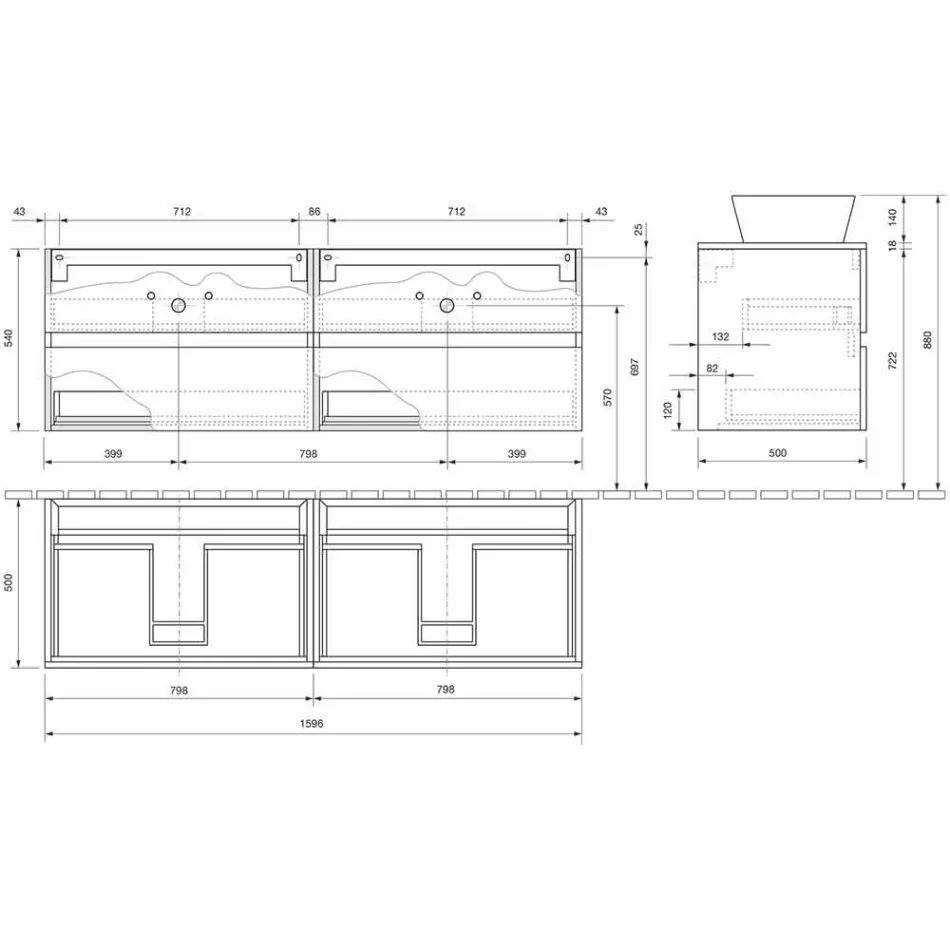 Závěsná koupelnová skříňka s dvojitým umyvadlem na desku - Mandrillo Viadurini