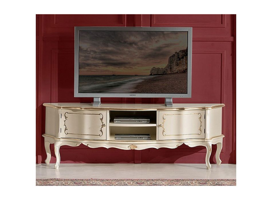 Klasický dřevěný TV stolek s dvířky a přihrádkami Made in Italy - Leonor Viadurini