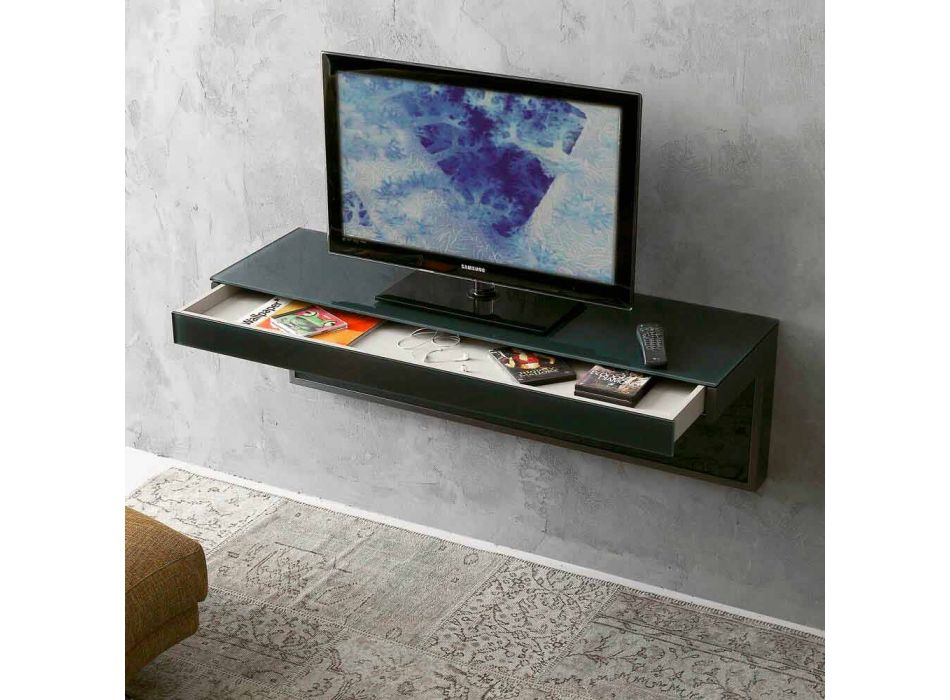 Nástěnná televizní skříňka z černého křišťálu a kovu vyrobená v Itálii - Americio Viadurini